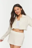 Women's Cropped Waffle Knit Shirt & Shorts Set in Cream Small