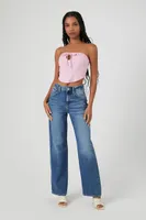 Women's Cropped Satin Drawstring Tube Top in Pink Medium