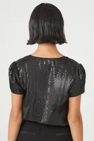 Women's Sequin Surplice Crop Top in Black Small