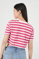 Women's Striped Cropped T-Shirt in Magenta/White Small