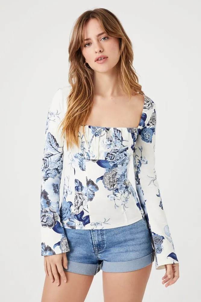 Women's Floral Print Square-Neck Top in White, XS