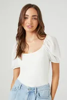 Women's Puff-Sleeve Scoop Bodysuit in White Large