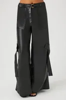 Women's Faux Leather Wide-Leg Cargo Pants in Black Small