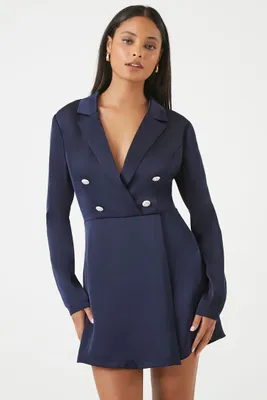 Women's Satin Double-Breasted Blazer Dress in Navy Small