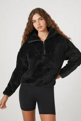 Women's Faux Shearling Half-Zip Pullover in Black Large