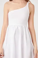 Women's One-Shoulder Babydoll Midi Dress in White Large