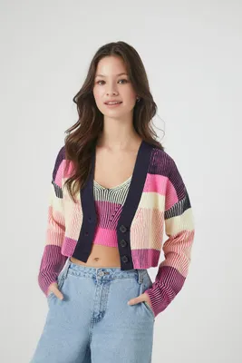 Women's Striped Rib-Knit Cardigan Sweater in Pink Large