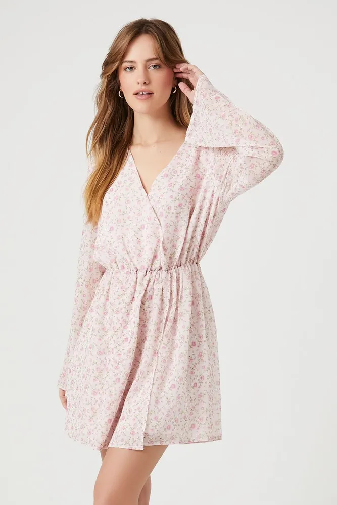 Women's Chiffon Floral Bell-Sleeve Dress Pink