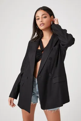 Women's Linen-Blend Double-Breasted Blazer in Black Small