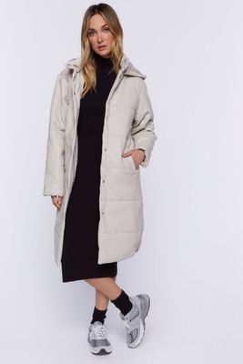 Women's Longline Puffer Coat in Beige Small