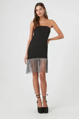 Women's Glitter Fringe Tube Midi Dress in Black Small