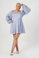 Women's Chiffon Peasant-Sleeve Mini Dress in Light Blue, 2X