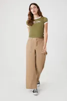 Women's New York Graphic Ringer T-Shirt in Olive/Cream Large