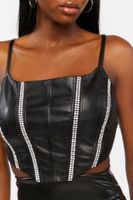 Women's Faux Leather Rhinestone-Trim Crop Top in Black Medium