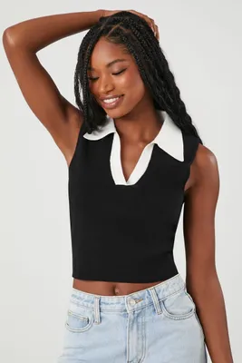 Women's Sweater-Knit Contrast-Trim Tank Top in Black/White, XS