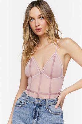 Women's Plunging Mesh Caged Bodysuit in Mauve Small