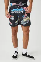 Men American Car Print Swim Trunks in Black Large