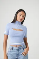 Women's Sweater-Knit Cutout Crop Top in Baby Blue/Vanilla Medium