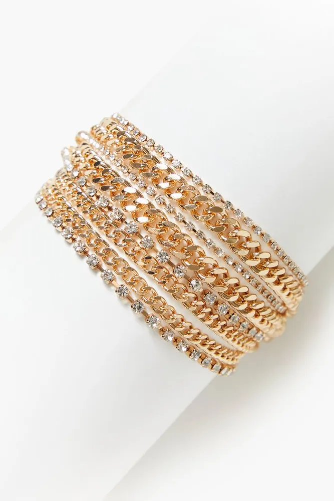 Women's Rhinestone Box & Curb Chain Bracelet in Clear/Gold