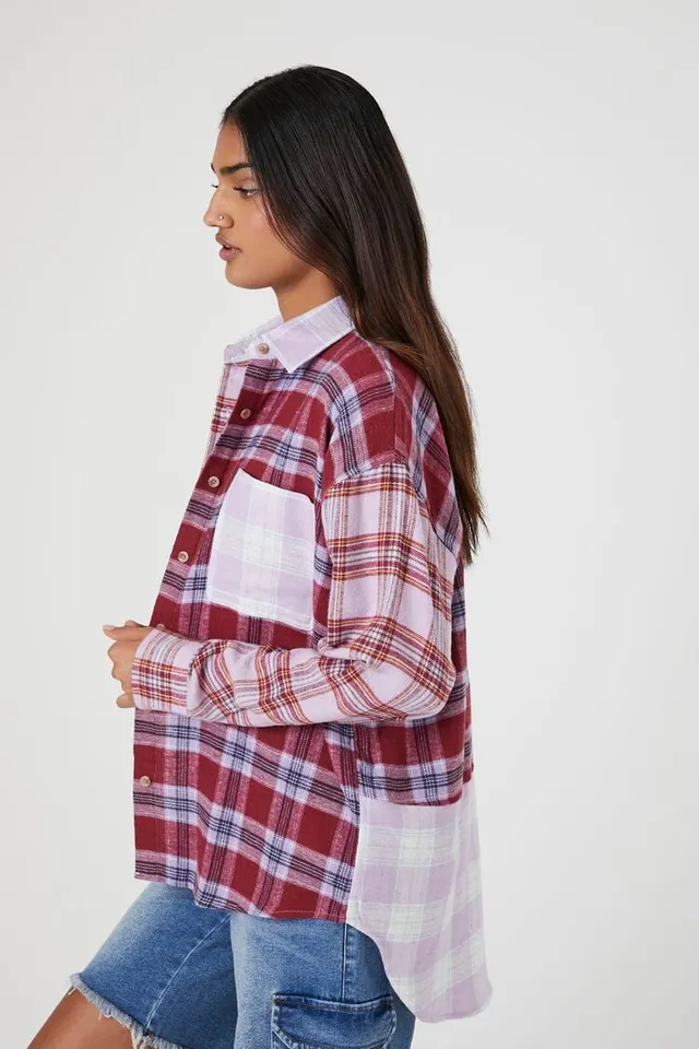 Forever 21 Women's Oversized Colorblock Plaid Flannel Shirt in Dusk, Size  XL