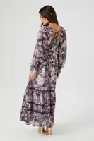 Women's Chiffon Floral Tiered Maxi Dress in Purple Medium