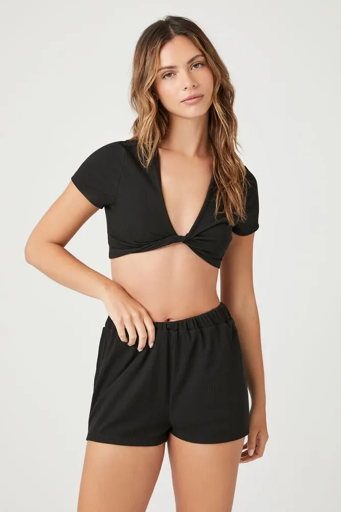 Forever 21 Women's Rib-Knit Crop Top & Shorts Pajama Set in Black Medium