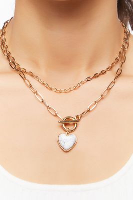 Women's Marble Heart Layered Necklace in Gold/White