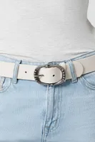 Etched Oval Buckle Belt in Cream/Silver, S/M