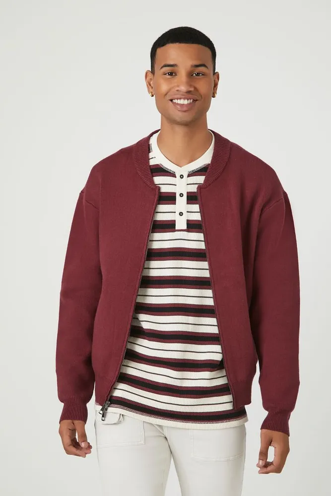 Men Zip-Up Bomber Jacket in Burgundy, XXL