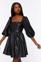 Women's Faux Leather Balloon-Sleeve Mini Dress in Black Small