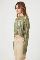 Women's Sheer Cropped Crochet Sweater in Olive Medium