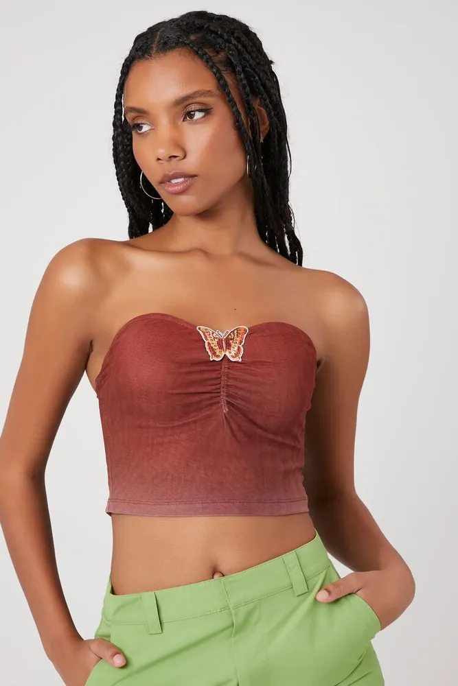 Women's Butterfly Cropped Tube Top in Brown, XS