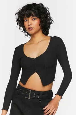 Women's Long-Sleeve Button-Front Crop Top in Black Medium