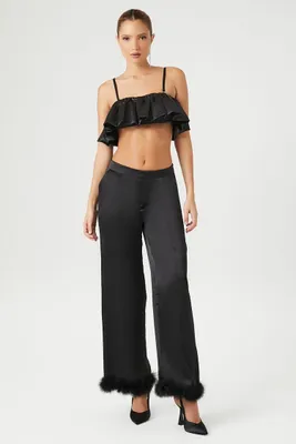 Women's Satin Faux Fur-Trim Pants in Black Medium