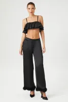 Women's Satin Faux Fur-Trim Pants in Black Large