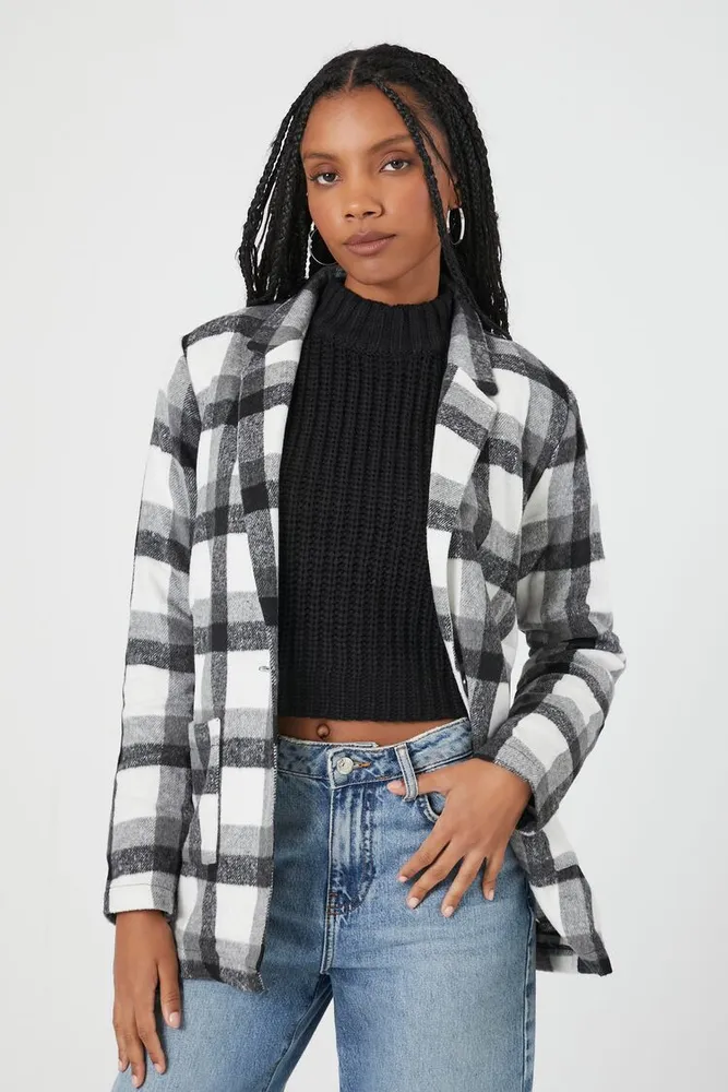 Women's Plaid Notched Blazer in Black/White Medium