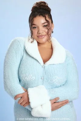 Women's Faux Fur Hello Kitty Cardigan Sweater in Baby Blue, 3X