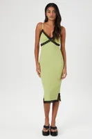 Women's Ribbed Lace-Trim Midi Dress in Green/Black Small