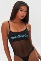 Women's Make Boys Cry Graphic Mesh Bodysuit in Black Small