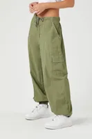 Women's Drawstring Poplin Cargo Joggers in Olive Large