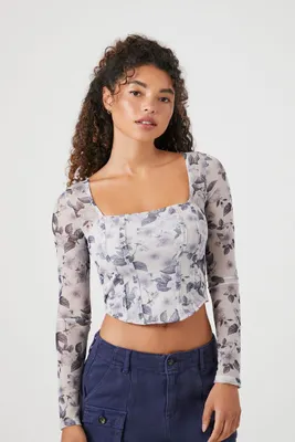 Women's Mesh Floral Print Crop Top in Grey Medium