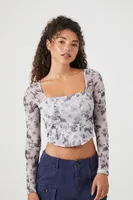 Women's Mesh Floral Print Crop Top in Grey Medium