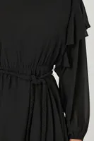 Women's Chiffon Belted Flounce Mini Dress in Black Medium