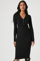 Women's Button-Front Midi Sweater Dress in Black, XS