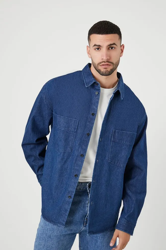 Men Denim Curved-Hem Shirt in Dark Denim Medium