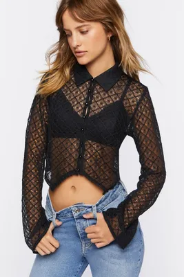 Women's Sheer Lace Split-Hem Shirt in Black Medium