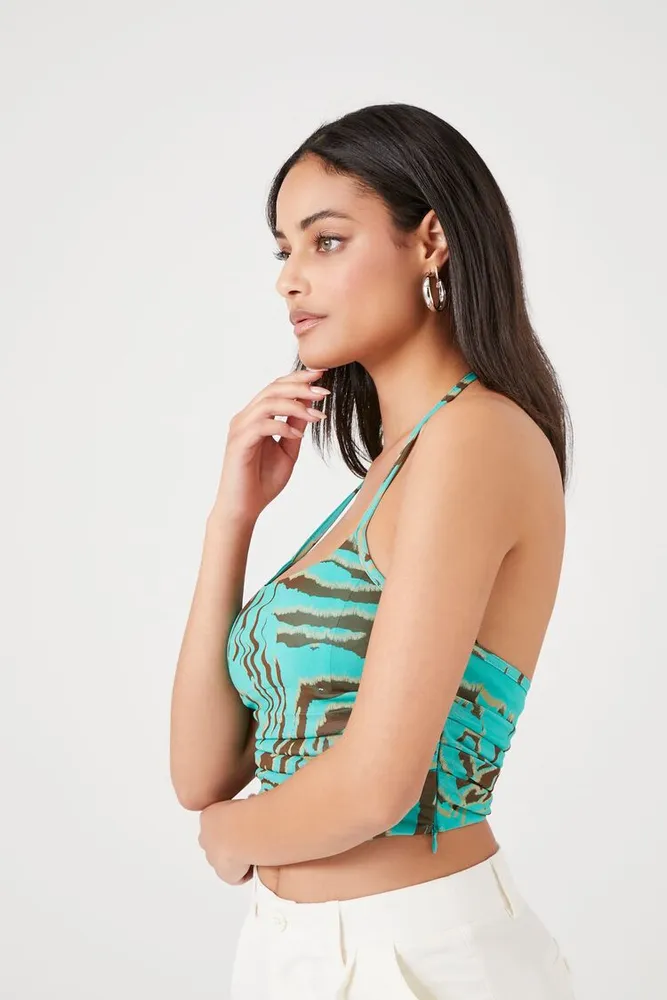 Women's Tiger Print Halter Crop Top in Blue Small