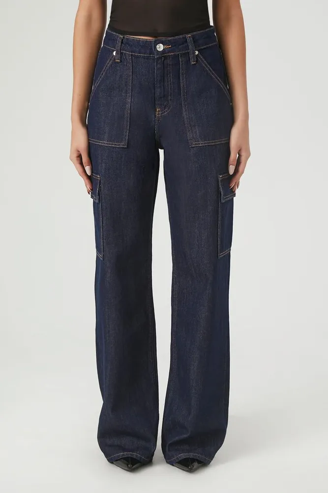 Women's High-Rise Wide-Leg Cargo Jeans in Dark Denim