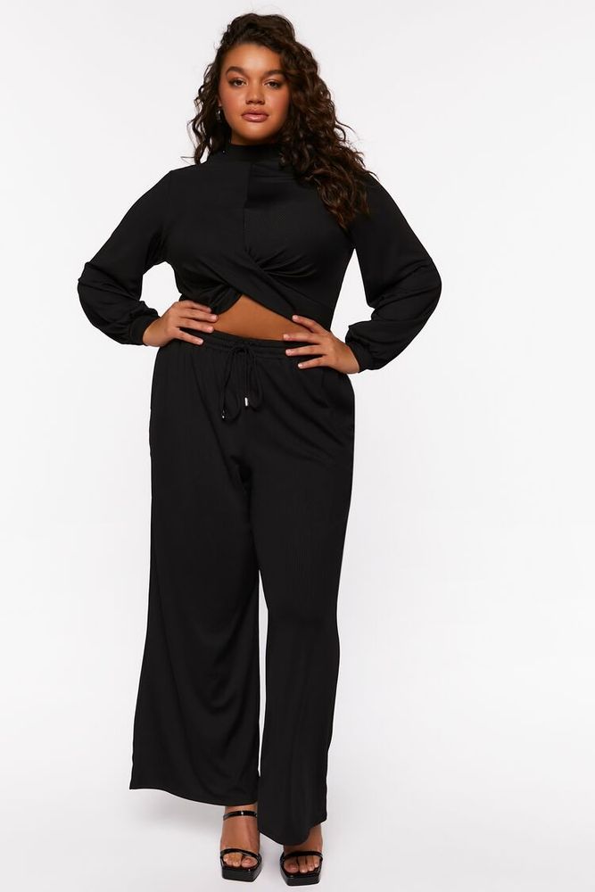 Women's Twist-Hem Top & Wide-Leg Pants Set in Black, 0X