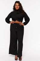 Women's Twist-Hem Top & Wide-Leg Pants Set in Black, 1X